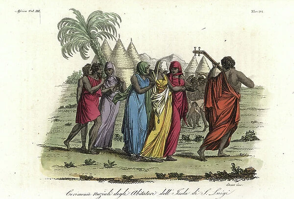 Wedding ceremony among the natives of Ndor (Saint-Louis), Senegal. Griot leading the veiled bride while guests dance in the background. Handcoloured copperplate engraving by Antonio Sasso from Giulio Ferrario's Ancient