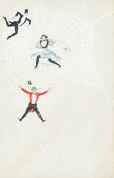 Three well-dressed people caught in a spiders web (colour litho)