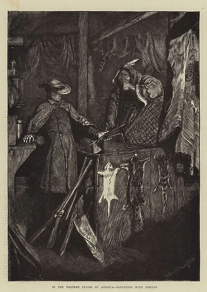 In the Western States of America, bartering with Indians (engraving)