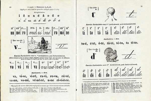 Widow, Head, Turkey - Booklet 1, pages 10-11 - Syllabary Regimbeau Reading, Writing, Spelling, 1866 (engraving)
