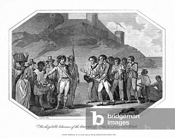 William Bligh and his companions, received hospitably by the Governor of Timor, 14 June 1789, 1802 (engraving)