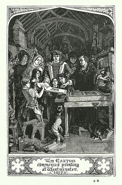 William Caxton commences printing at Westminster, 1477 (engraving)