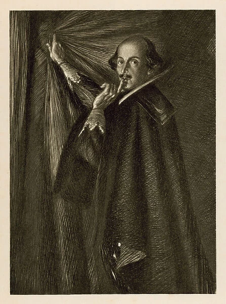 William Shakespeare holding the curtain, and telling us to be quiet (litho)