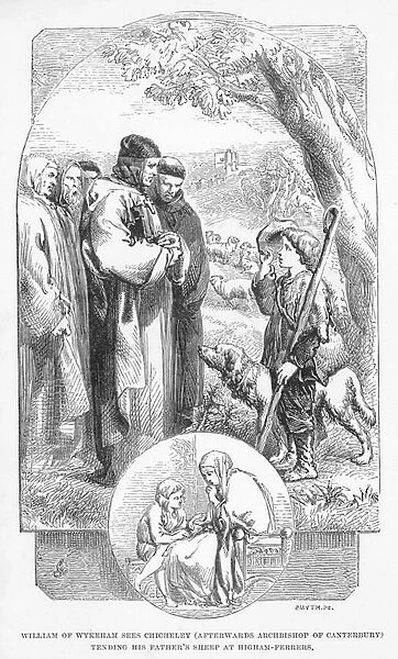 William of Wykeham sees Chicheley, afterwards Archbishop of Canterbury, tending his fathers sheep at Higham-Ferrers (engraving)