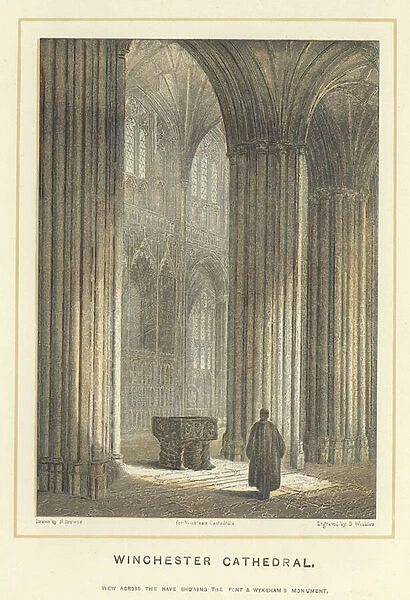 Winchester Cathedral, view across the nave showing the front and Wykehams Monument (colour litho)