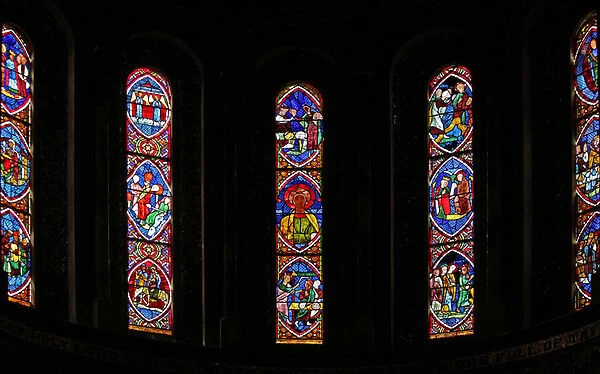 Window depicting the east windows of the apse with reset thirteenth century French panels