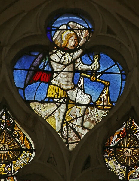 Window depicting Saint Michael weighing Souls (stained glass)