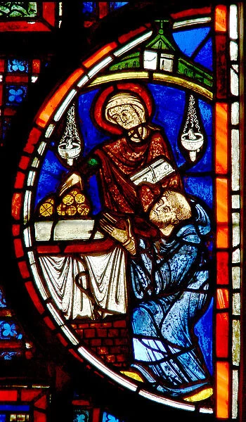 Window w5 depicting the miracle of the monks and the granary (stained glass)