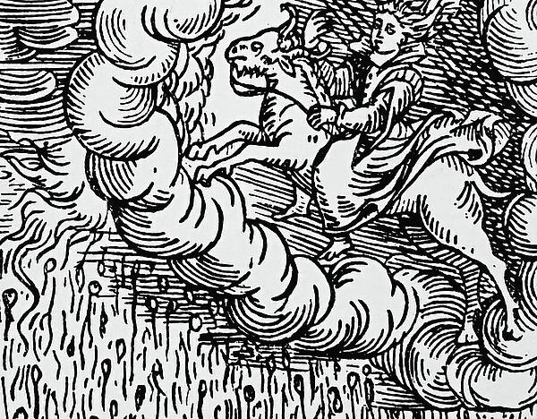 A witch, riding a goat (the devil) through the sky from Compendium Maleficarum