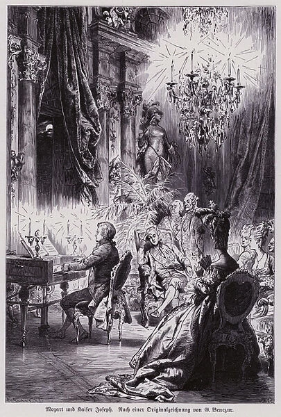 Wolfgang Amadeus Mozart playing to Emperor Joseph II of Austria at the Schonbrunn Palace, Vienna, 1787 (engraving)
