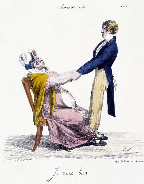 Woman begging a man. Cartoon of the scenes of society of Pigal (19th century), preserved at the Musee Dobree in Nantes