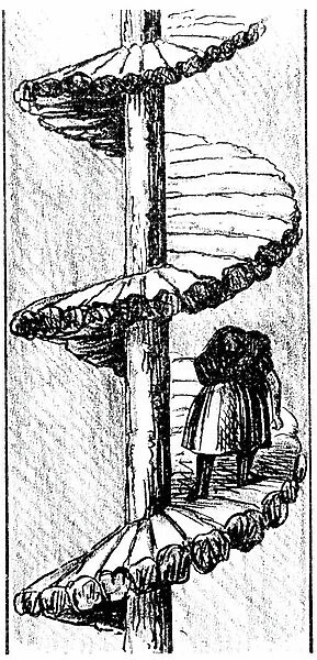 Woman carrying a load of coal up a 'turnpike' spiral stair - Scotland, 1848. Engraving