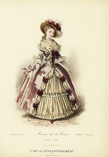 Woman of the court of King Louis XVI of France, 18th century. She wears a taffeta riding coat, muslin fichu, satin petticoats, decorated with ribbons and bows