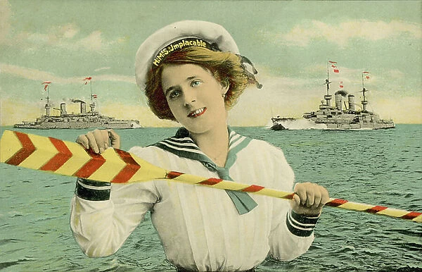 Woman dressed as a sailor from HMS Implacable (coloured photo)