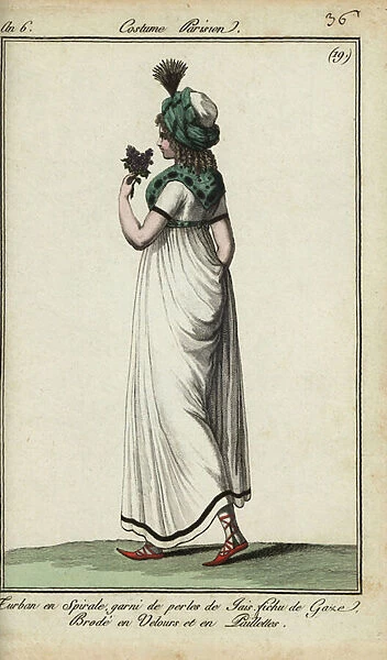 Woman in the fashion of 1798 (handcoloured copperplate engraving)