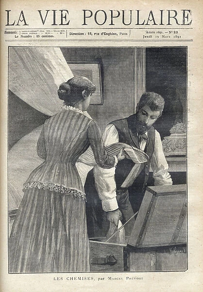 A woman gives a shirt to her husband who prepares a trunk to go on a trip. Illustration by N. Eyrard for 'The Shirts'by Marcel Prevost (1862-1941). Engraving from 1891 in 'La vie populaire'. Private Collection