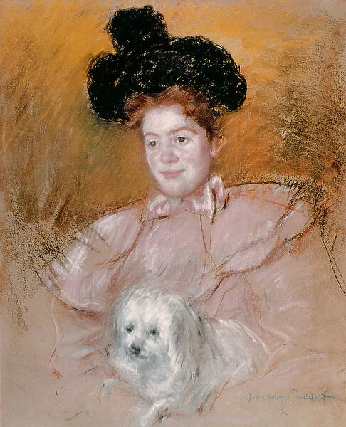 Woman holding a dog (pastel on paper)