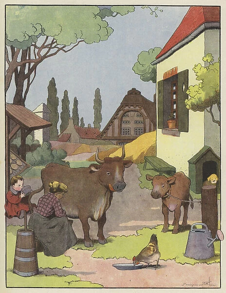 Woman milking a cow in a farmyard (colour litho)