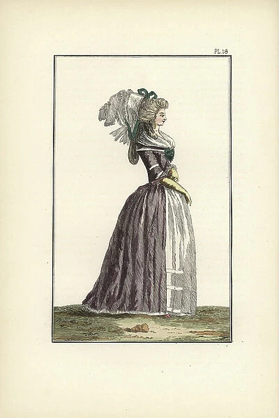Woman in a milkmaid bonnet with blue-grey English sheath dress trimmed with white Jeannette ribbon