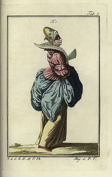 Woman of Paris wearing a mask, 1626. Based on Thomas Jefferys Collection of Dresses of Different Nations, Antient and Modern. After the Designs of Holbein, Van Dyke, Hollar, and others, London, 1757