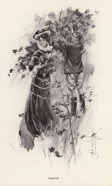 Woman picking flowers with a male admirer (litho)
