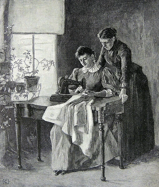 Woman using an electric sewing machine. Engraving, New York, 1890