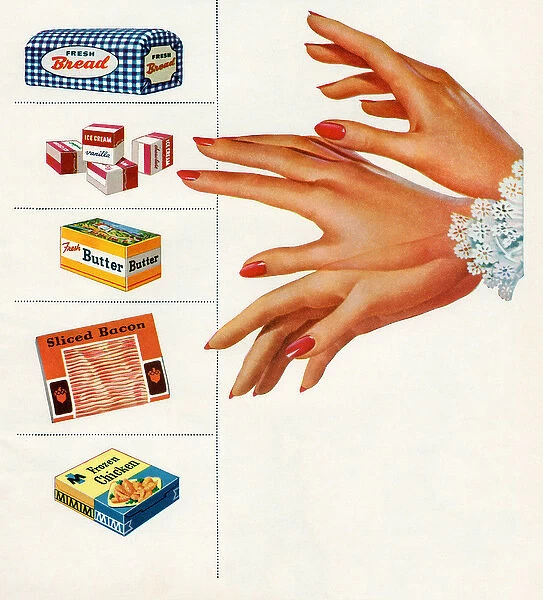Womans Hand Chooses Between a Variety of Food Items, 1951 (screen print)