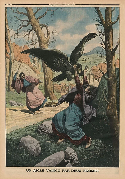 Two women defeating an eagle, back cover illustration from Le Petit Journal, supplement illustre, 22nd March 1914 (colour litho)