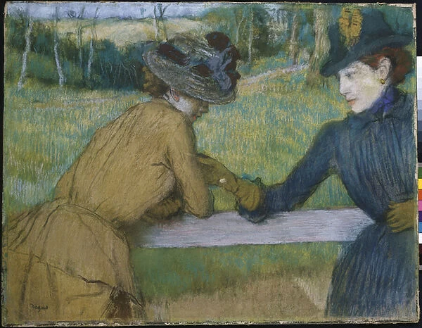 Two Women Leaning on a Fence Rail (pastel on board)