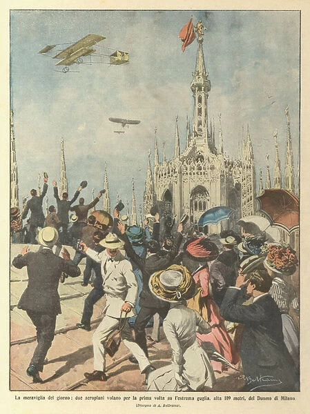 The wonder of the day, two airplanes fly for the first time on the extreme spire... (colour litho)