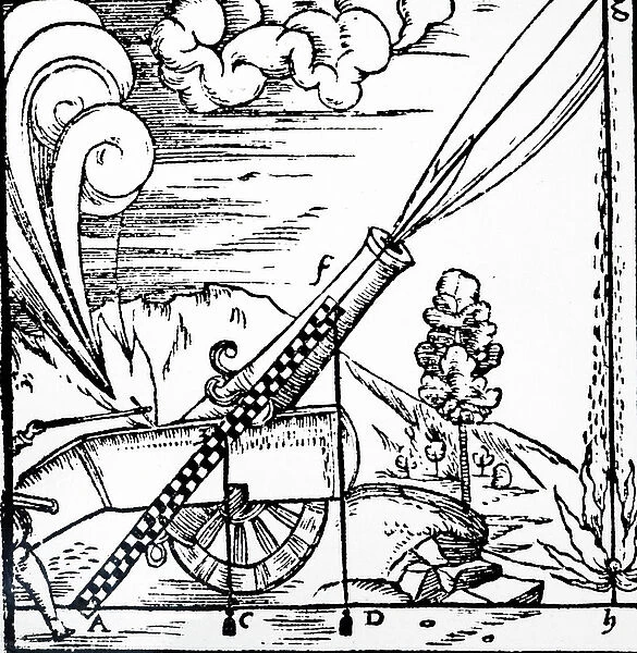 Woodblock engraving depicting a gunner firing a cannon whose elevation had been calculated using a chequered ruler fitted with two plumb-bobs