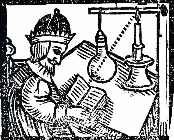 A woodcut engraving depicting the process of increasing the power of a candle by passing the light through a water-filled glass globe which acted as a condenser, 17th century