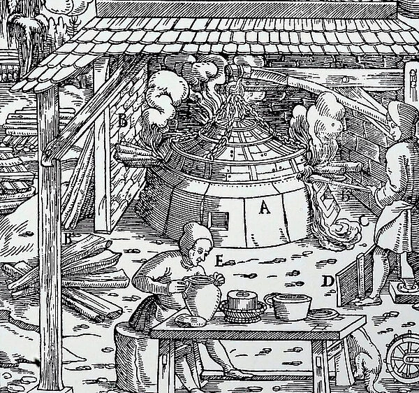 A woodcut engraving depicting the separation of lead from silver or gold in a cupellation furnace, 16th century