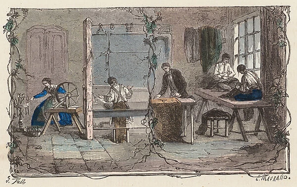 Working with wool (coloured engraving)