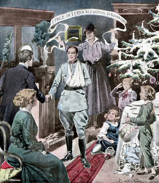 World War I 1914 1918 - Christmas at home for war veteran (Illustration 1916)