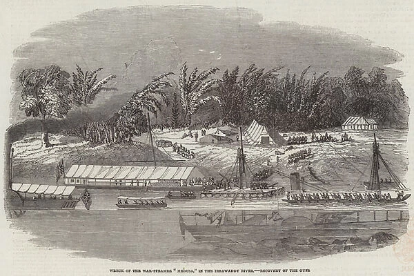 Wreck of the War-Steamer 'Medusa, 'in the Irrawaddy River, Recovery of the Guns (engraving)