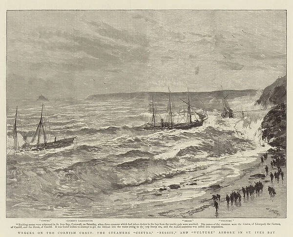 Wrecks on the Cornish Coast, the Steamers 'Cintra, 'Bessie, 'and 'Vulture'Ashore in St Ives Bay (engraving)