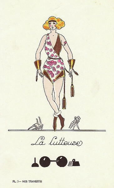 The wrestler in costume with tassles and wrist bands. Lithograph by unknown artist with stencil handcolouring from ' Nos Travestis' (Our Fancy Dress Costumes), Paris, 1928