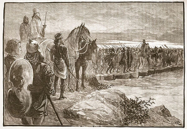 Xerxes crossing the Hellespont (litho)