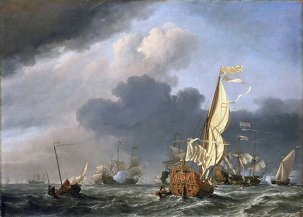 Yacht in strong wind, attempting to join a group of Dutch ships, probably the assembly of the Dutch fleet off Texel (Holland) in 1672