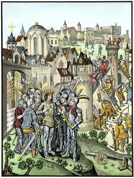 Hundred Years War (1337-1453): the siege of a fortified town defended by the Burgundians under the command of Charles VI (said the good loves, then the fol, 1368-1422). Coloured water, 19th century