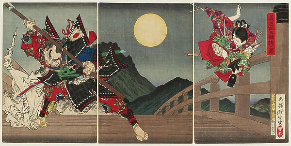 Yoshitsune and Benkei at Goj┼ì Bridge, 1881 (nishiki-e woodblock print, with bokashi)
