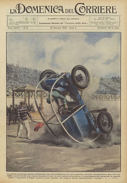 A young American arouses the enthusiasm of the California crowds with a dangerous car stunt (Colour Litho)