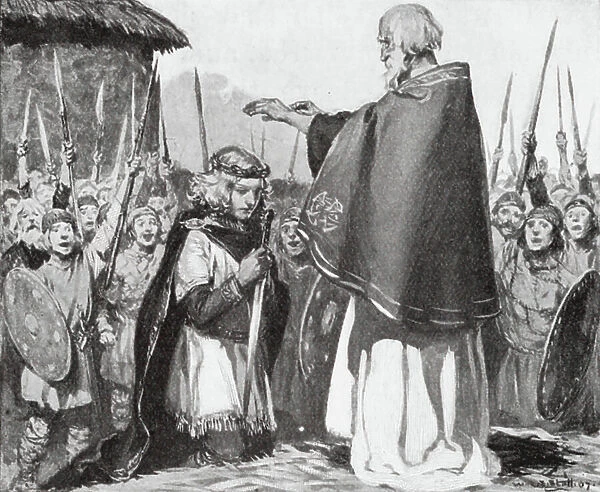 Young Brian crowned King of Erin (litho)