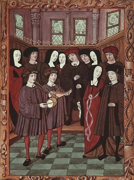 Young couple listening to musicians, image from a French manuscript, 1475 (miniature)
