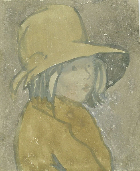 Young girl in brown hat and coat (w / c on paper)
