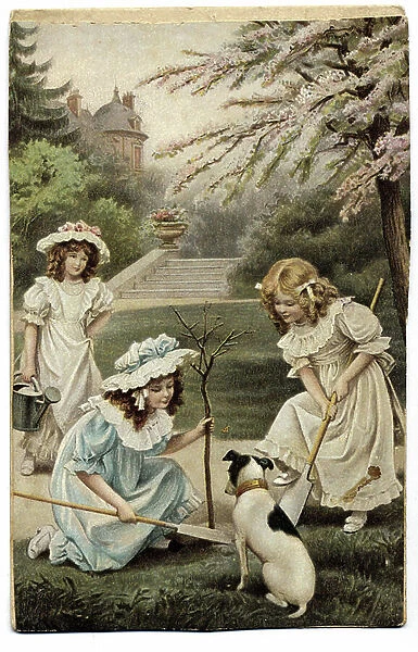 Three young girls of good family playing in the park of the family home with the dog Medor. 19th century
