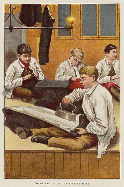 Young tailors working at Dr Barnardos childrens home, Stepney Causeway, London (chromolitho)