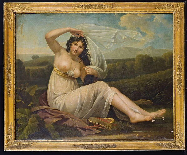 Young woman sitting in a landscape (oil on canvas)