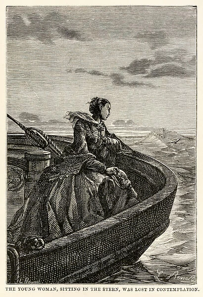 The young woman, sitting in the stern, was lost in contemplation